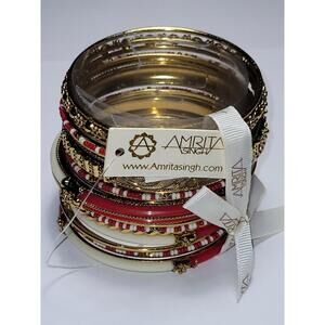 Lot Of 19 Amrita Singh Gold Tone Red White Beaded Bangle Bracelet Set Stackable